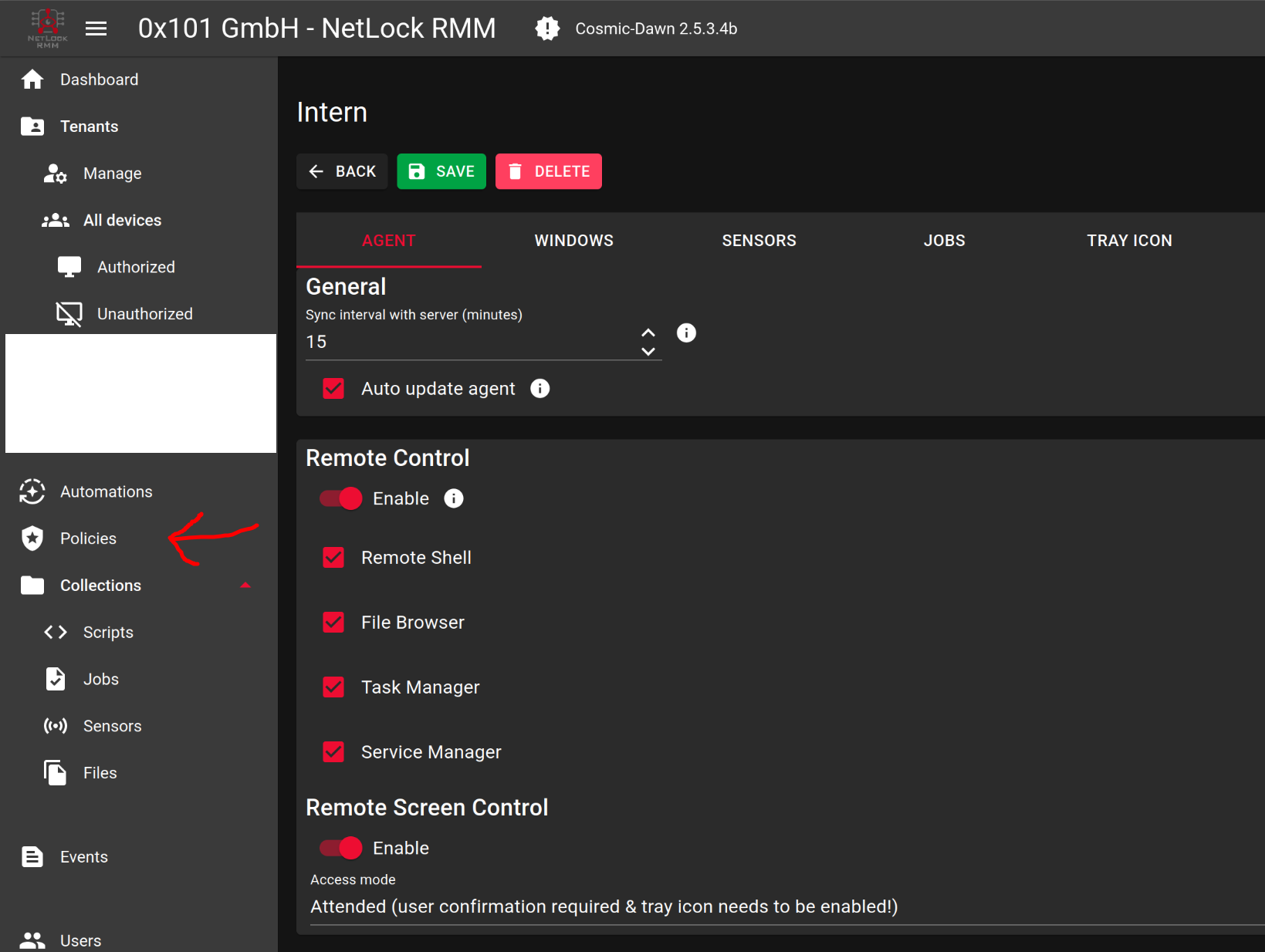 Remote Control Policy Settings
