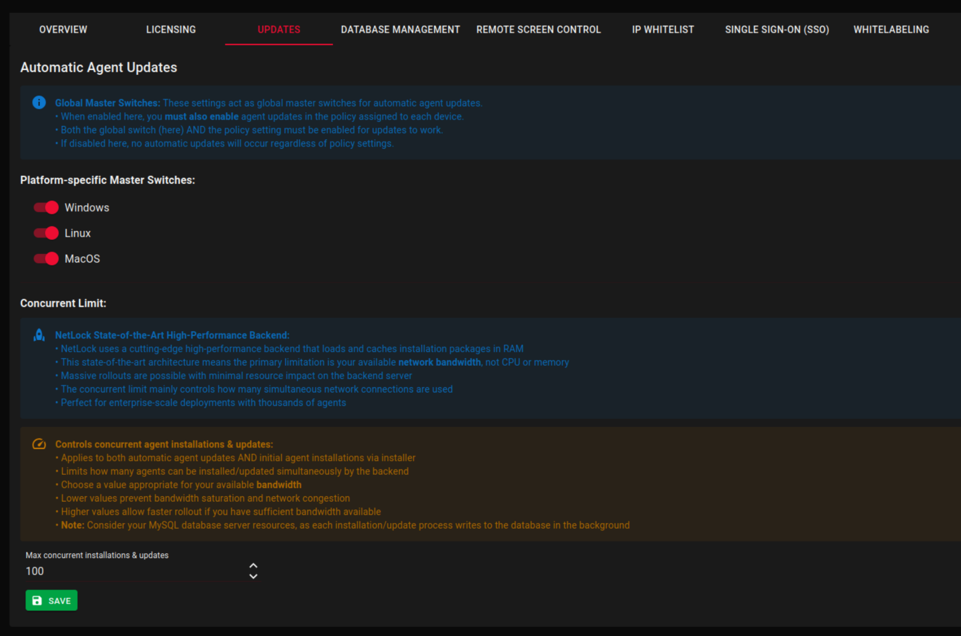 NetLock RMM Updates Settings showing platform toggles and concurrent limit